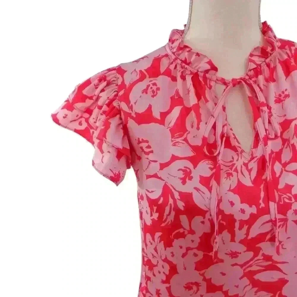 Flower and Feather Pink Floral Top with Flutter Sleeves - Size Small - Picture 2 of 4